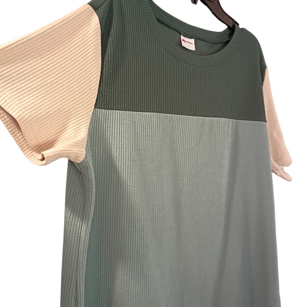 WIHOLL Colorblock Ribbed Knit T-Shirt Crew Neck Women's Large Green Beige Gray